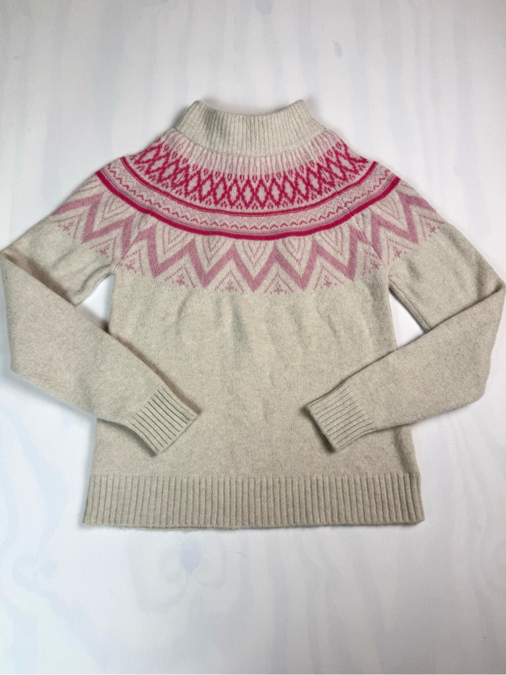 Tabitha Webb Lambswool Fair Isle Nordic Mock Neck Sweater Pink Cream M